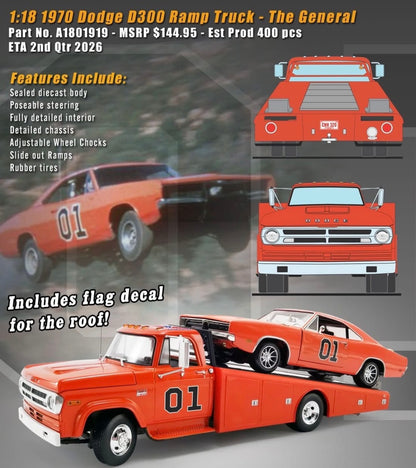 1:18 ACME 1970 Dodge D-300 Ramp Truck THE GENERAL PREORDER SEPT. 2026