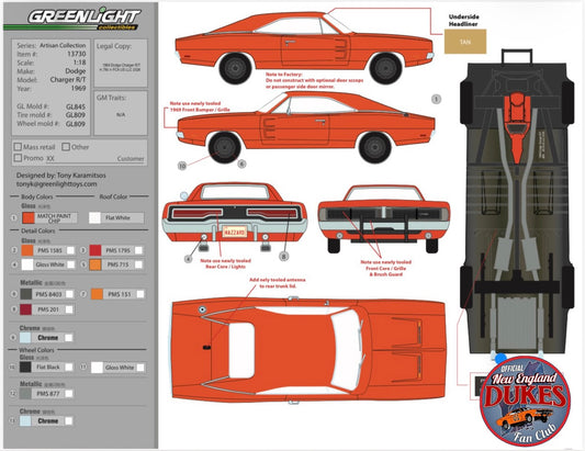 1:18 1969 Dodge Charger GREENLIGHT W/ GENERAL LEE Decals (New Tooling) Preorder Winter 2027